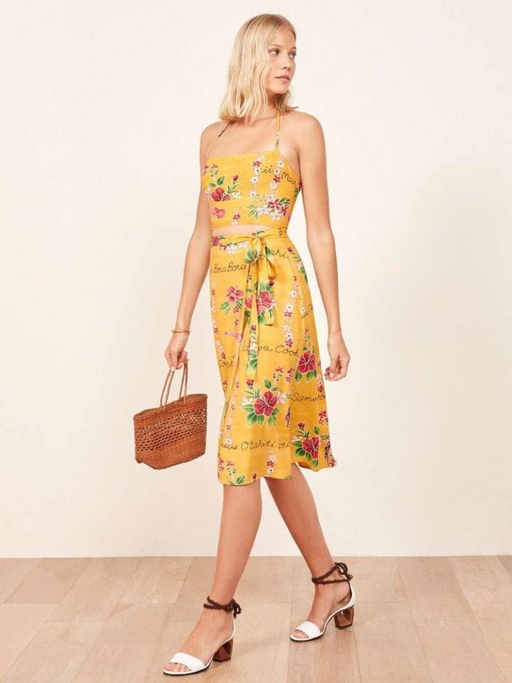 Reformation Yellow Tropical Floral Cutout Halter Midi Dress US 0